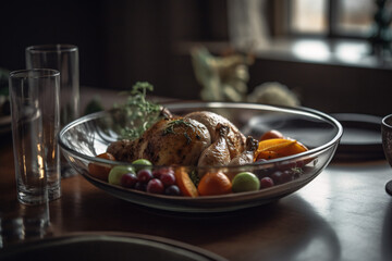 Thanksgiving dinner with turkey, food and drink on dining table.