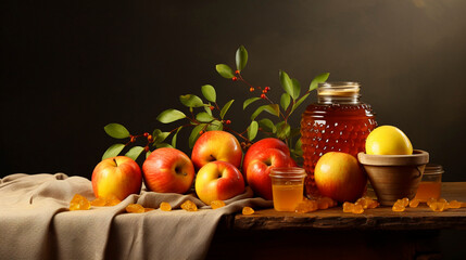AI generated, Background illustration with copy space, celebration of Rosh Hashanah, the Jewish New Year. Realistic background illustration with apples and honey. Postcard, invitation, celebration bac