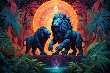 There are two mythical creatures resembling lions in the jungle. Generative AI