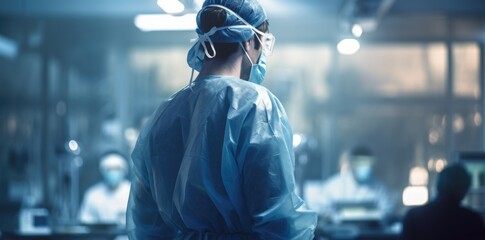 Fototapeta na wymiar a surgeon in a hospital hallway, in the style of bokeh panorama, back focus. Generative Ai