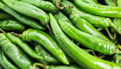 green chillies, pepper background, Heap of fresh organic green jalapeño peppers at market
