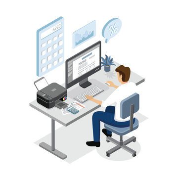 Businessman working on invoice on computer concept. Isometric vector.