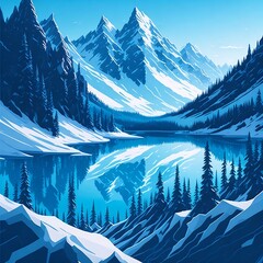 Iconic winter snowy forest and mountains lake views