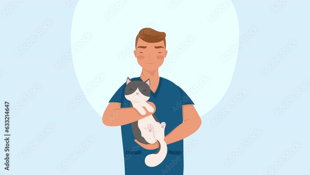 Wall mural male veterinary worker lifting cat animation