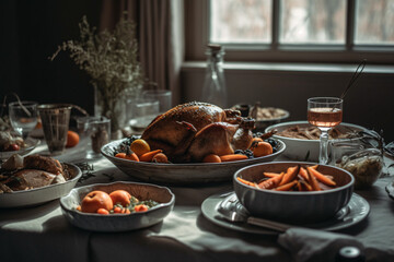 Thanksgiving dinner with turkey, food and drink on dining table.