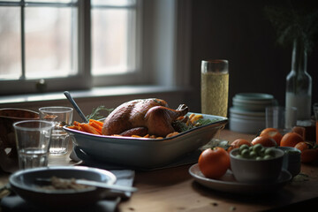 Thanksgiving dinner with turkey, food and drink on dining table.