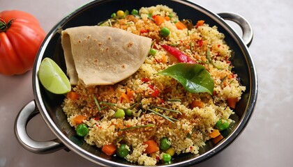 fried rice pan, ried rice with chicken. Prepared and served in a wok
