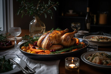 Thanksgiving dinner with turkey, food and drink on dining table.