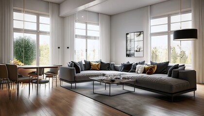 Elegant and comfortable designed living room with big corner sofa, wooden floor and big windows