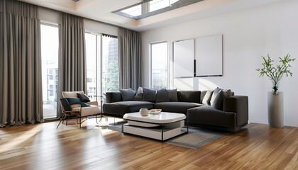Elegant and comfortable designed living room with big corner sofa, wooden floor and big windows