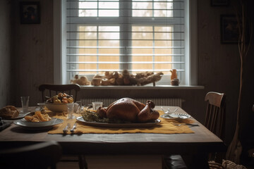 Thanksgiving dinner with turkey, food and drink on dining table.