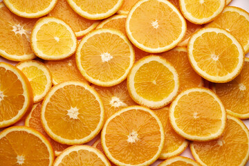 top down background view made of Fresh Sliced organic oranges close-up