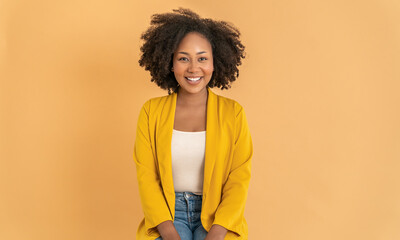 Portrait smile confident business designer black woman yellow suit office. Black business girl...