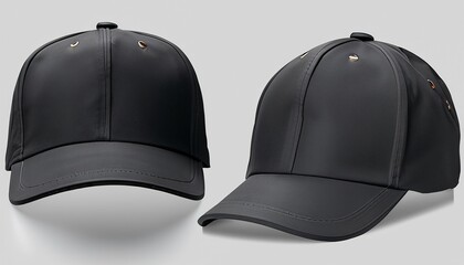 Set of black front and side view hat baseball cap background. Mockup template for artwork graphic design
