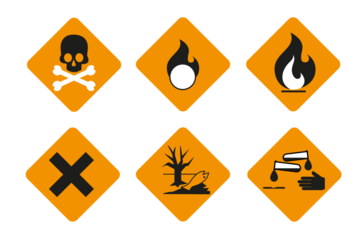 Set of flammabl chemicals - hazard symbols and warning sign isolated on white