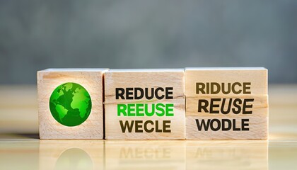 Words reduce reuse recycle on a wooden cube with a green world for saving the world, the Environmental concept of ecological waste management, and a sustainable and economical lifestyle