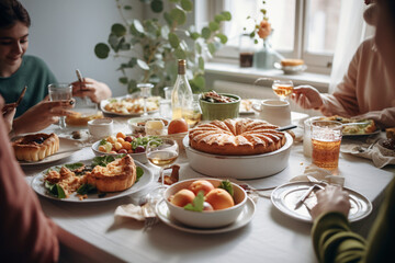 Delicious baked meal on a restaurant table with wine glass
