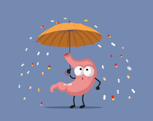 Cartoon Stomach Holding an Umbrella Staying Away from Medicine Side Effects. Probiotics protecting from stomachaches due to medical treatment 
