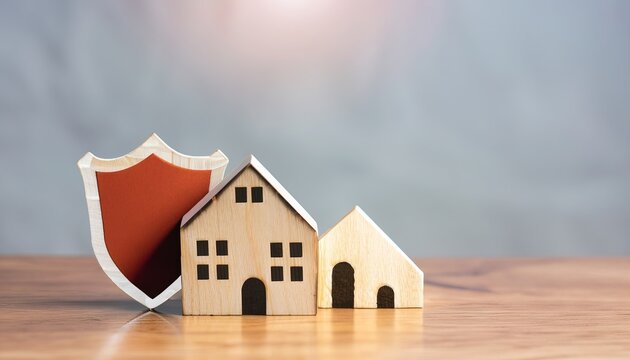 Wooden house model and real estate insurance ideas, and small shield icon. Housing insurance against impending loss and fire, building fire insurance concepts