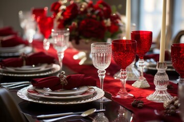 Photo of a beautifully set table for a formal dinner with vibrant red napkins created with Generative AI technology