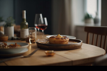 Delicious baked meal on a restaurant table with wine glass
