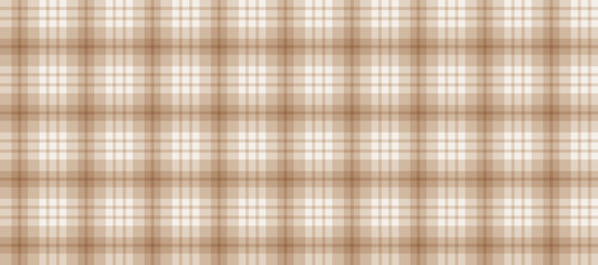 Brown gingham seamless pattern. Beige and white vichy background texture. Checkered tweed plaid repeating wallpaper. Natural nude tartan fabric and textile swatch design. Vector backdrop