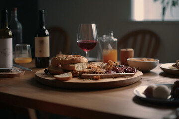 Delicious baked meal on a restaurant table with wine glass