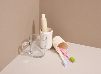Classic colorful toothbrushes and oral care accessories. Personal hygiene and dental care concept.