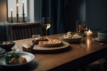 Delicious baked meal on a restaurant table with wine glass