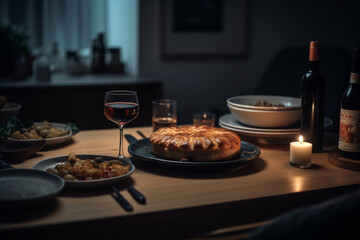 Delicious baked meal on a restaurant table with wine glass