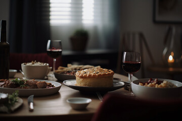 Delicious baked meal on a restaurant table with wine glass