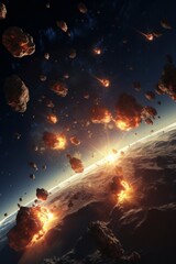 Fototapeta na wymiar Falling burning flares of several meteorites of asteroids in the Earth`s atmosphere