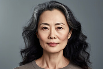 Fototapeta premium photograph of Asian beautiful gorgeous 50s mid aged mature woman looking at camera isolated,generative ai
