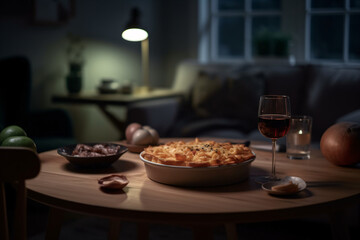 Delicious baked meal on a restaurant table with wine glass