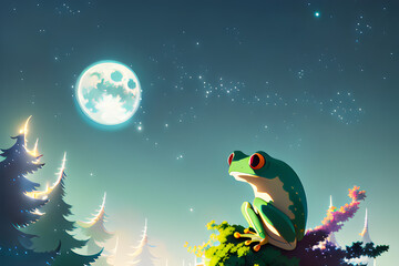 Obraz premium tree frog under the moon Generative AI