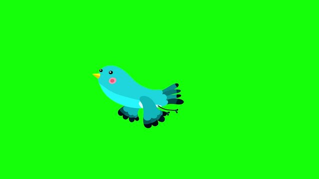 Nightingale bird blue cartoon animation character starts flight green box. Blinking eyes seamless loop behaviour.
