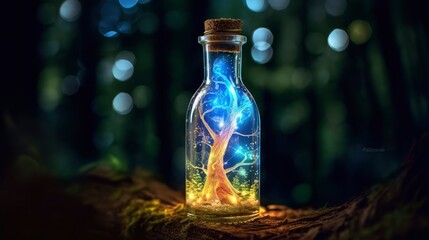 
((Lightning in a bottle)), (enchanted forest background) realistic photography, nikon d 850, dreamlike, art, colourful nature, pastels, full bottle, hyper detailed, photorealism by greg rutkowski, |  - obrazy, fototapety, plakaty