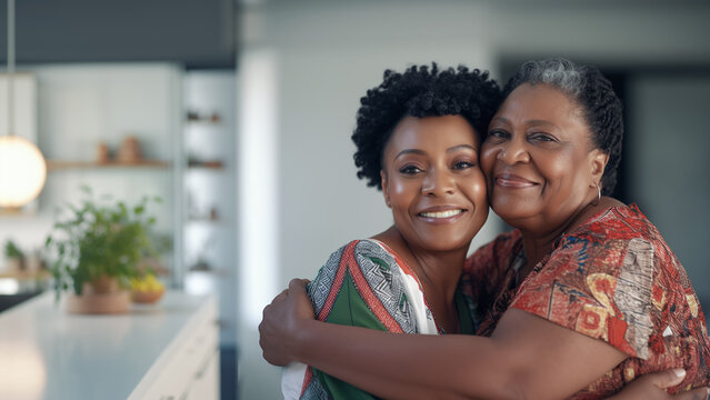 Smiling elderly woman embracing her adult daughter against the backdrop of a living room