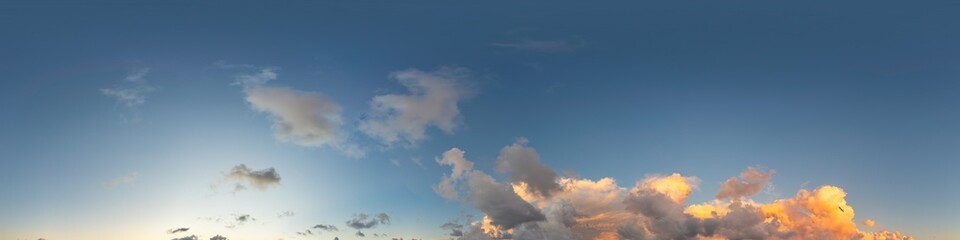 Sunset sky panorama with bright glowing pink Cumulus clouds. HDR 360 seamless spherical panorama. Full zenith or sky dome for 3D visualization, sky replacement for aerial drone panoramas.