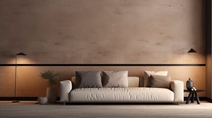 Fototapeta na wymiar Clean minimalist sofa, with a background on the wall with volumetric randon rgb design, 8k, qhd, sofa interior design, with 3 pictures Mockup,
