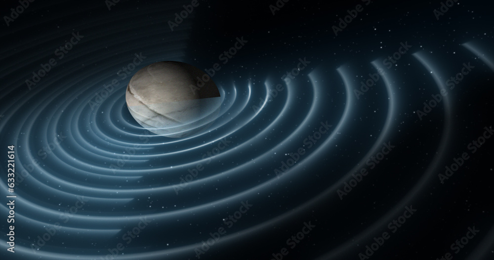 Poster abstract blue space planet with a round asteroid belt ring futuristic hi-tech on the background of s
