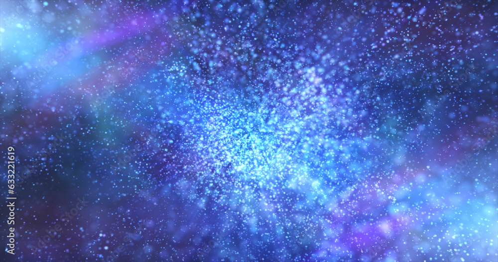 Poster blue background of many blurred circles with bokeh effect of energy magical glowing particles and li