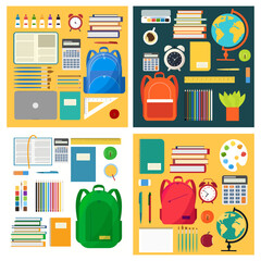 Collection of set school supplies. Back to school. School stationery, icon, tools. Vector illustration. 