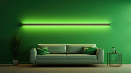 
Minimalist clean sofa, with a background on the wall with randon rgb neon design, hyper realistic, sofa interior design,