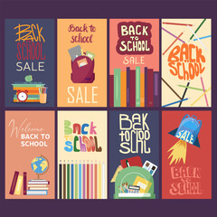 Big collection of banners Welcome Back to School Sale. Set of Vertical school banner. Vector illustration.