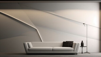 Fototapeta premium Clean minimalist sofa, with a background on the wall with volumetric randon rgb design, 8k, qhd, sofa interior design, with 3 pictures Mockup,