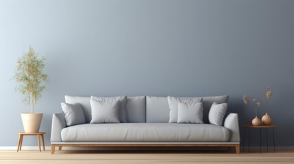 Clean minimalist sofa, with a background on the wall with volumetric randon rgb design, 8k, qhd, sofa interior design, with 3 pictures Mockup, - obrazy, fototapety, plakaty