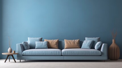 Clean minimalist sofa, with a background on the wall with volumetric randon rgb design, 8k, qhd, sofa interior design, with 3 pictures Mockup,
