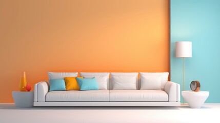 Minimalist clean sofa, with a background on the wall with randon rgb volumetric design, 8k, qhd, sofa interior design,