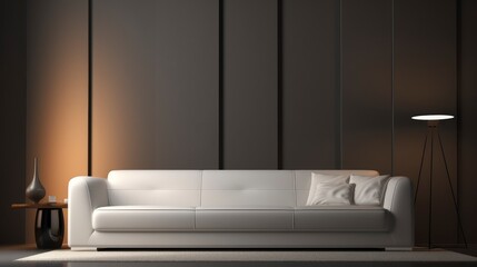 Minimalist clean sofa, with a background on the wall with randon rgb volumetric design, 8k, qhd, sofa interior design,